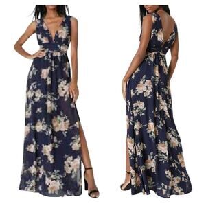 NEW LULUS Heavenly Hues Navy Blue Floral Maxi Dress Deep V-Neck & Back Sz S